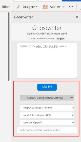 you can click on “OpenAI Configuration Settings”