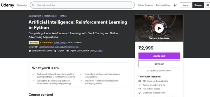 Artificial Intelligence Reinforcement Learning in Python via Udemy